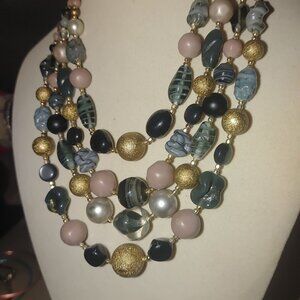 Necklace Glass Beads Gold Pink Green 18 Inches Vintage Multi Strand Adjustable